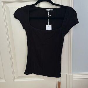 Reformation Bardot Ribbed Knit Top in black